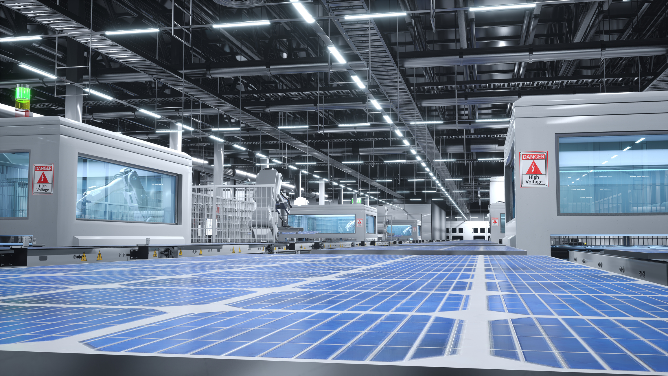 Industrialized solar panel warehouse with robotic arms